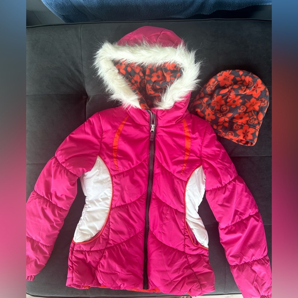 Girls lined jacket w/ knit cap London Fog sz L 14/16